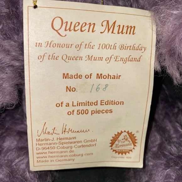 Hermann Queen Mum 168/500 Purple Mohair Bear. Limited Edition. 100th Birthday. - Picture 10 of 11